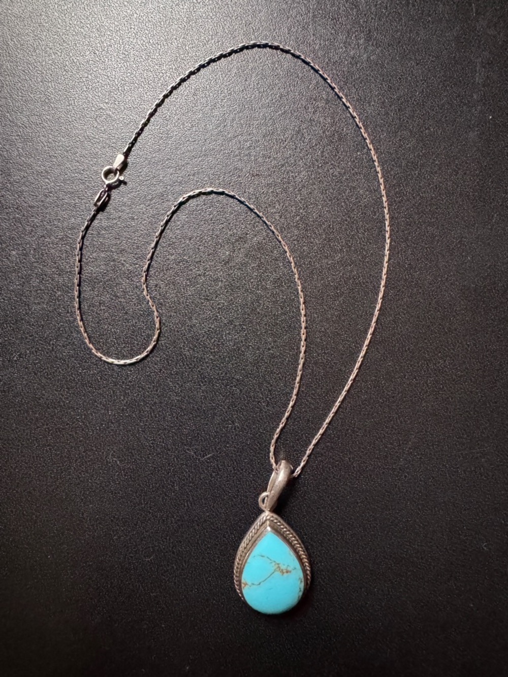 Vintage Sterling Silver Teardrop Pendant & Necklace – Turquoise Style – 925 – 17